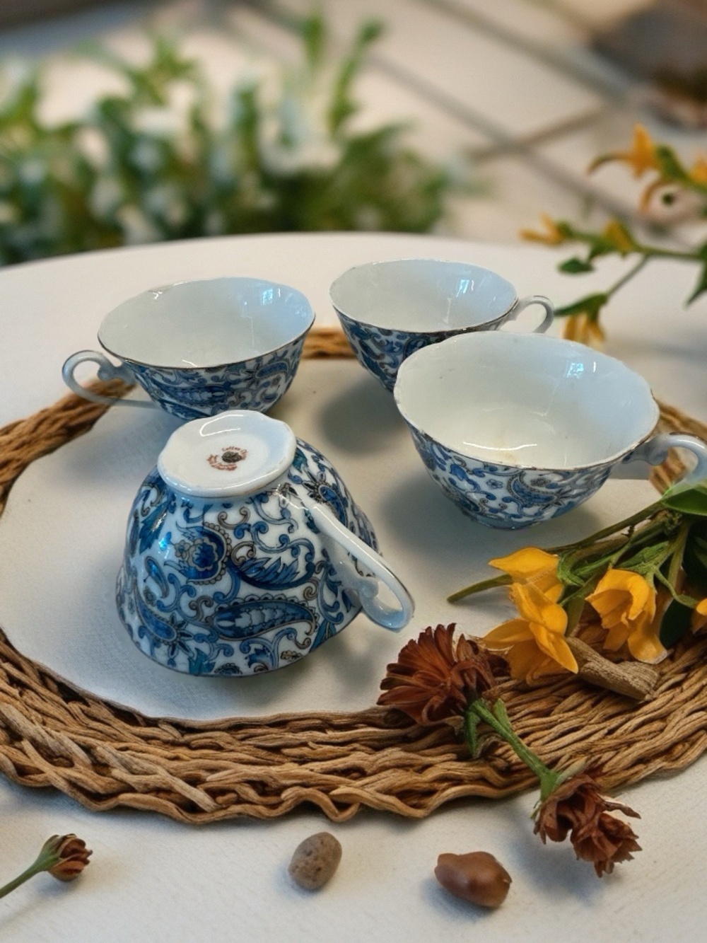 Four Lefton Blue & White #Paisley Vintage China Tea Cups Cottagecore Gift Set - Picture 2 of 8